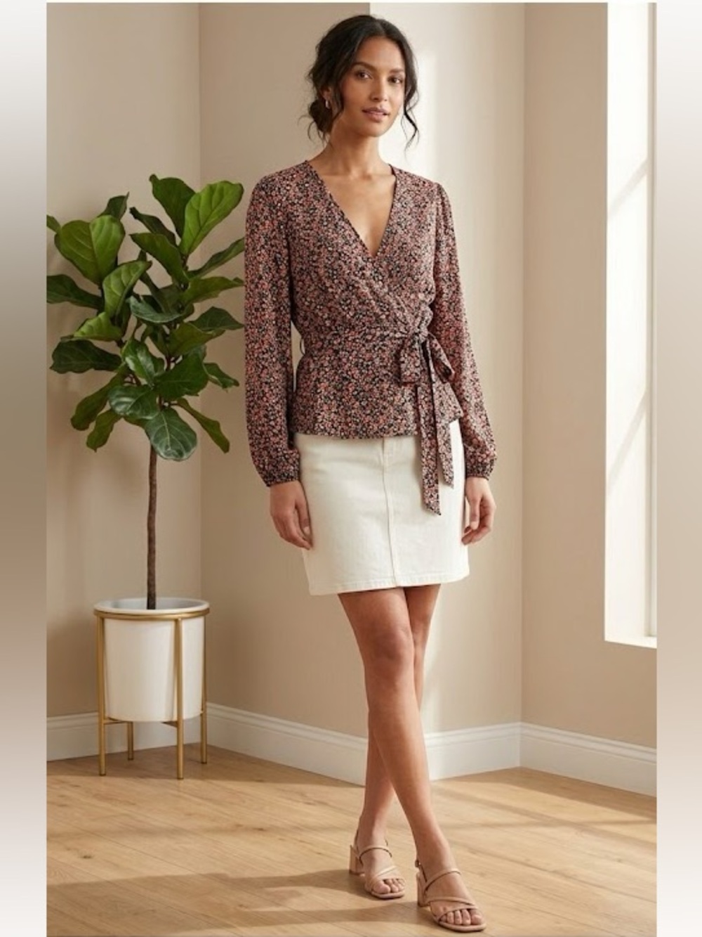 Old Navy Floral Wrap Blouse - Black and Pink